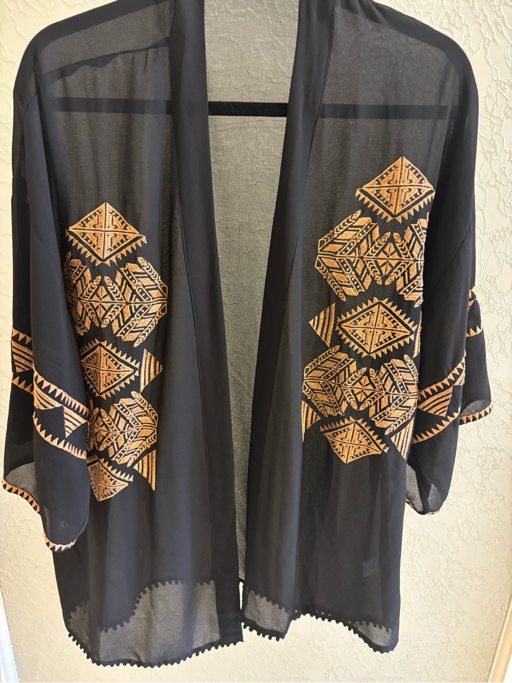 Lush Black Sheer Kimono with Tan Geometric Embroidery